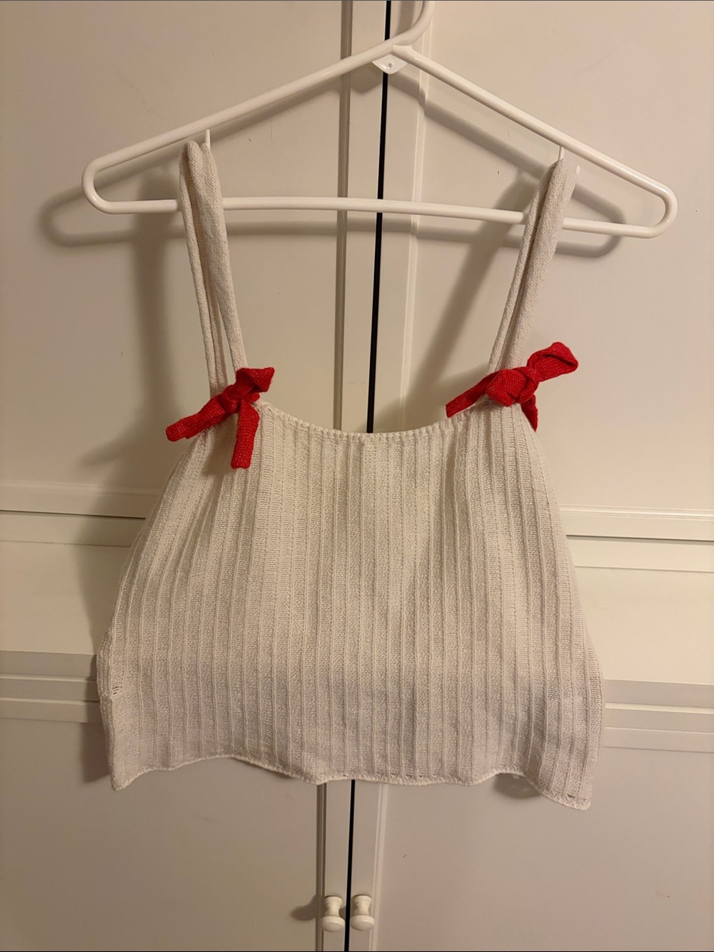 Cream Ribbed Knit Crop Top with Red Bow detailing